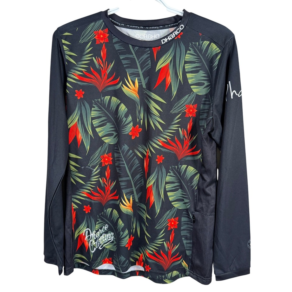 Dharco Mountain Bike Cycling‎ Jersey Mens S Black Tropical Floral Long Sleeve